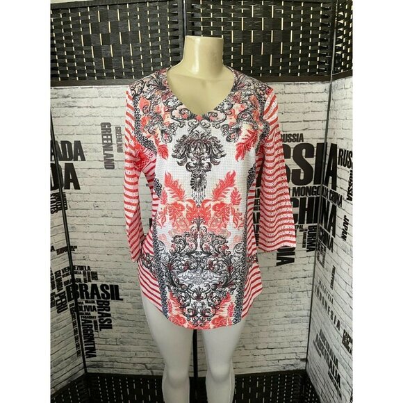 B.L.E.U.  L Coral Red Artsy Print Studded V-Neck 3/4 Laser Cut Sleeves Top - Picture 1 of 6